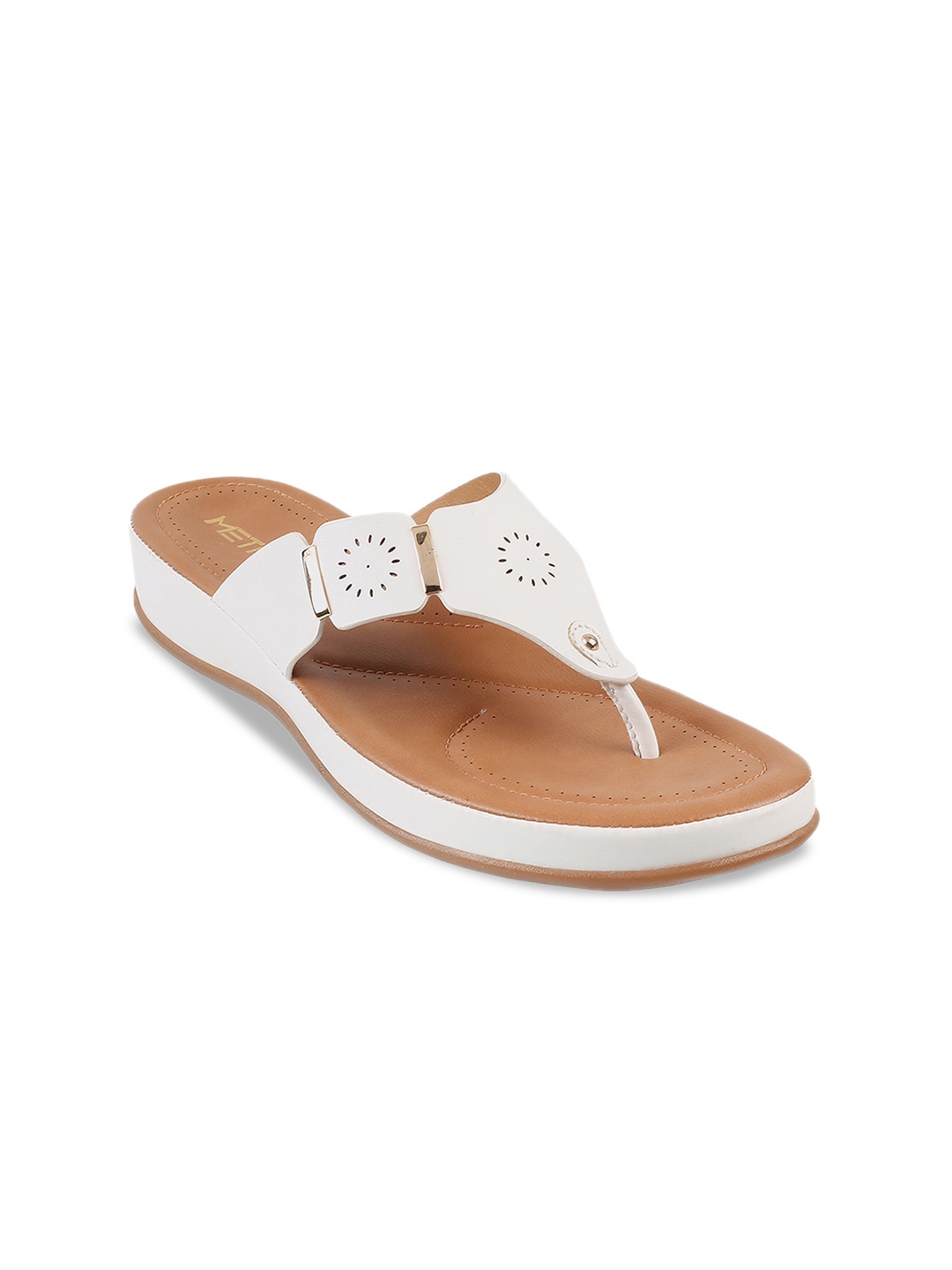 

Metro Embellished Open Toe Comfort Heels With Laser Cuts, White