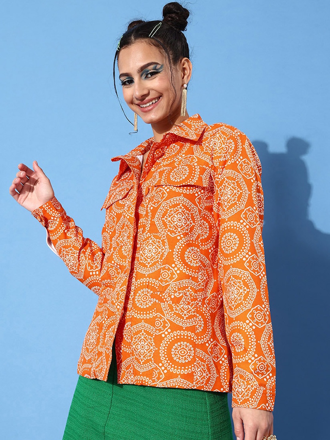 

KASSUALLY Women Printed Pleated Blazer, Orange