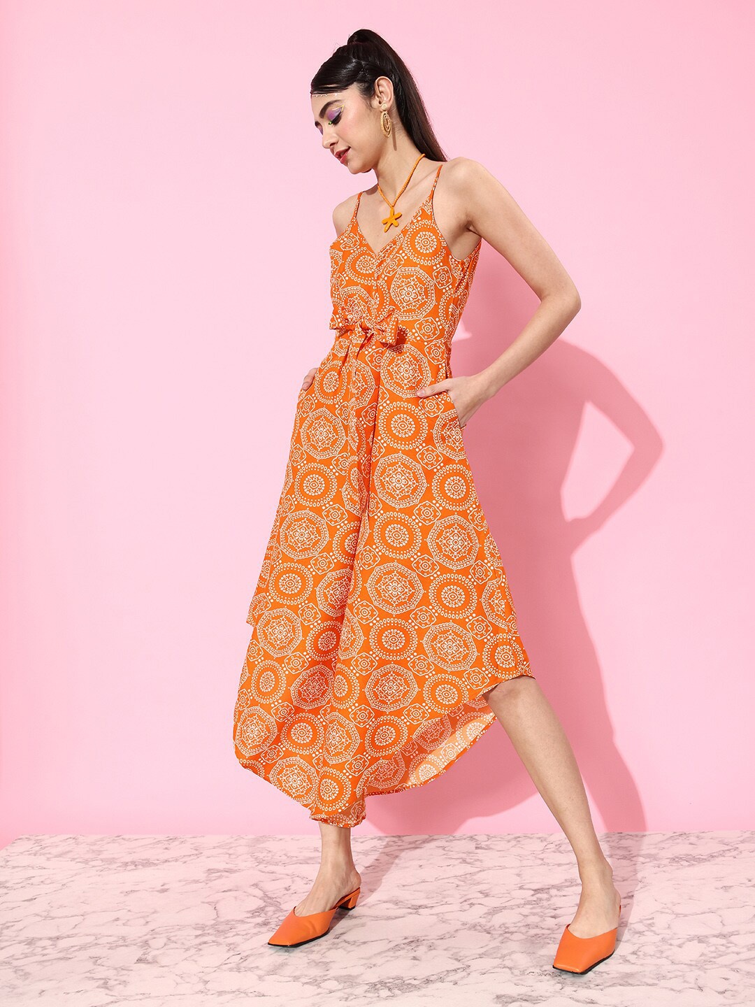 

KASSUALLY Printed Pleated Shoulder Strap Culotte Jumpsuit, Orange