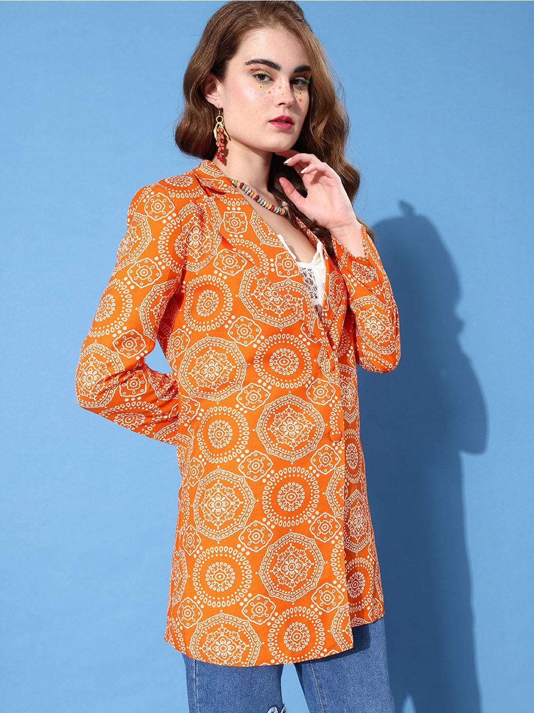 

KASSUALLY Women Printed Comfort Fit Long Blazer, Orange