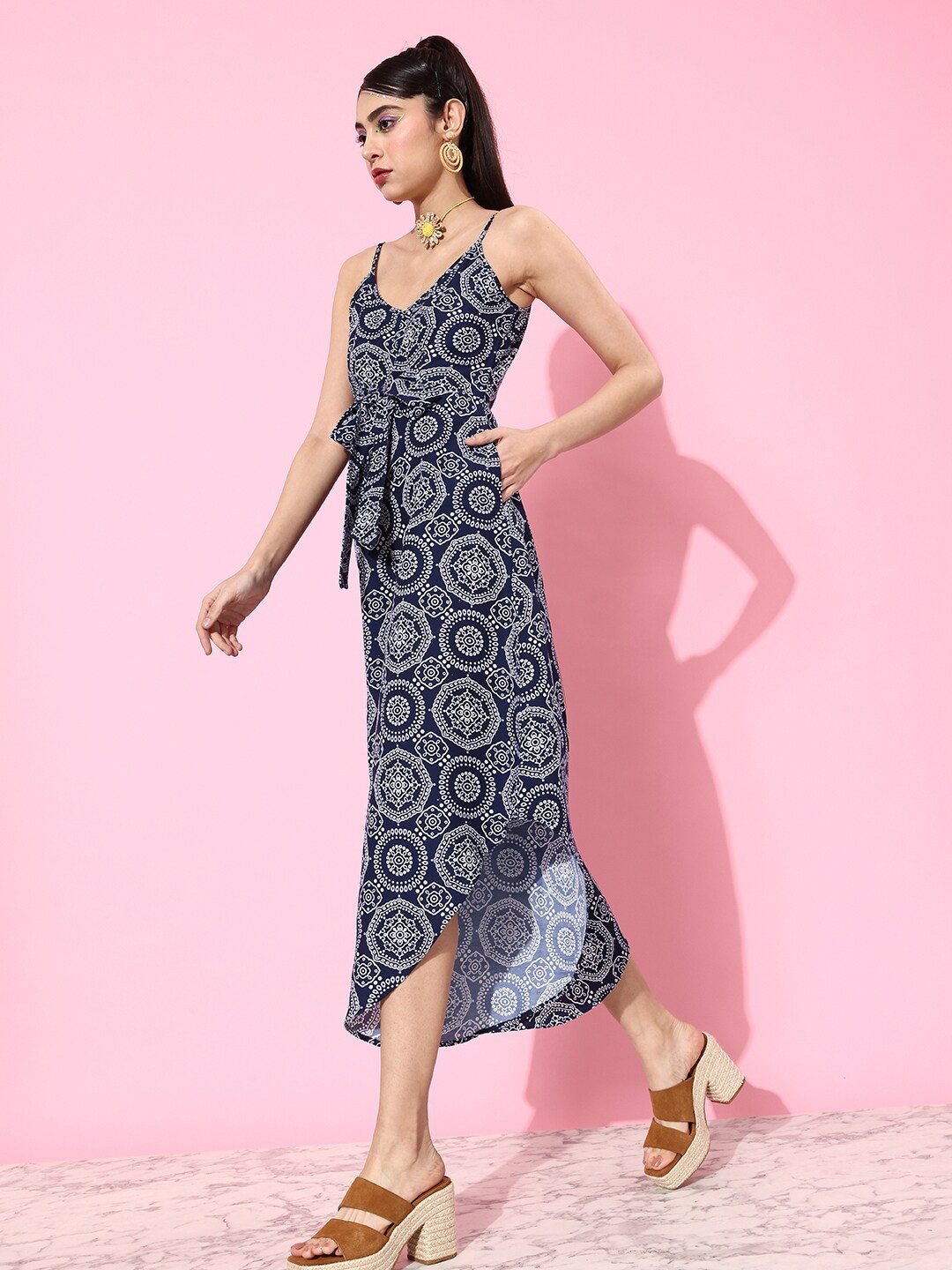 

KASSUALLY Printed Pleated Shoulder Strap Culotte Jumpsuit, Blue