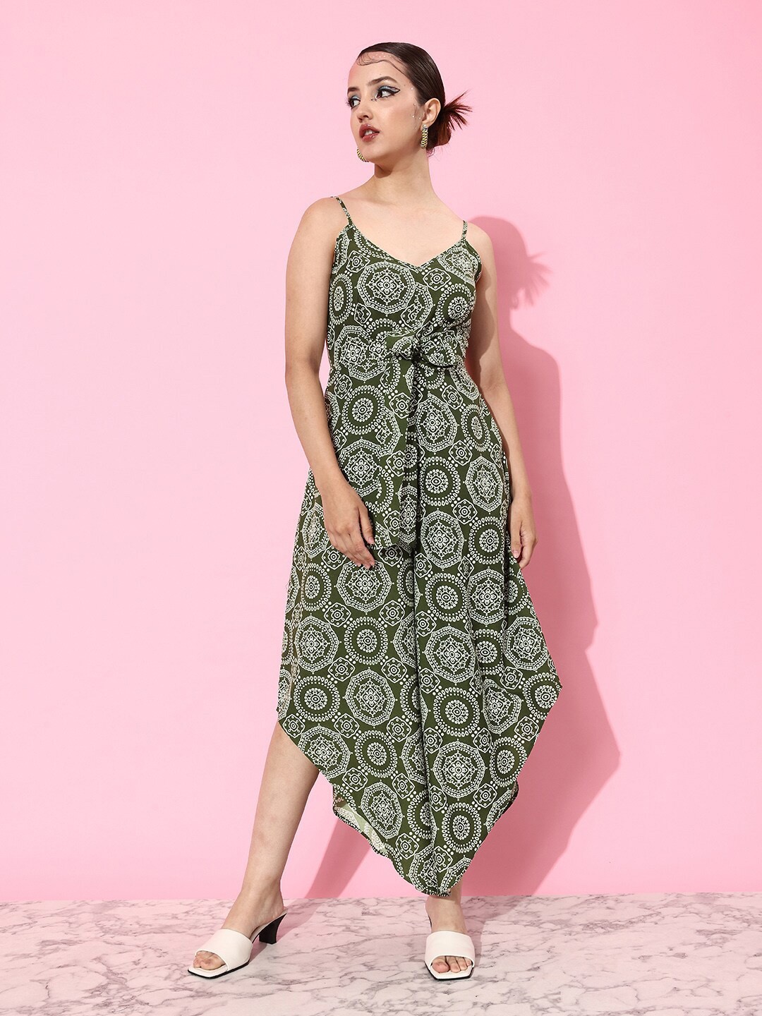 

KASSUALLY Printed Pleated Shoulder Strap Culotte Jumpsuit, Olive