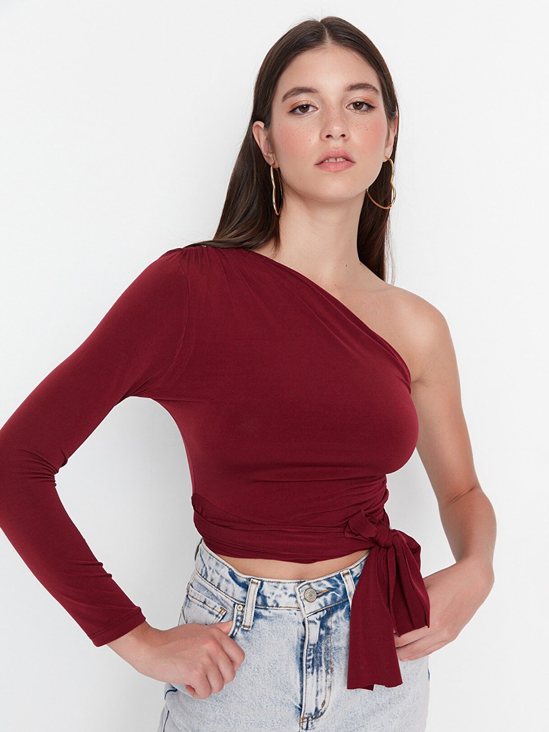 

Trendyol One Shoulder Waist Tie-Ups Fitted Crop Top, Maroon