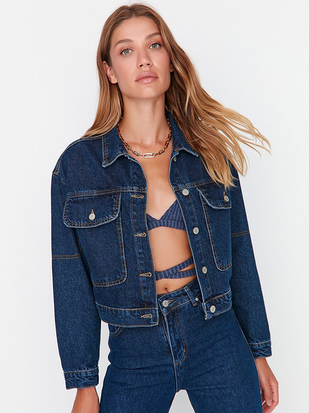 

Trendyol Spread Collar Long Sleeves Pure Cotton Denim Jacket, Blue