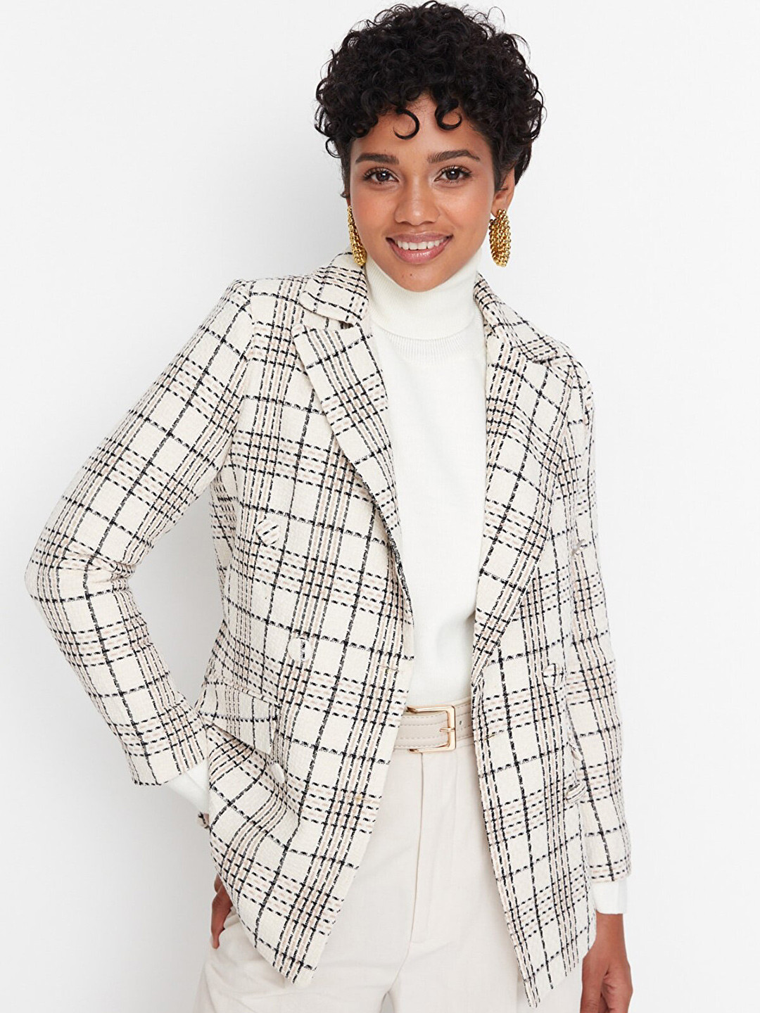 

Trendyol Checked Notched Lapel Double Breasted Blazer, Beige