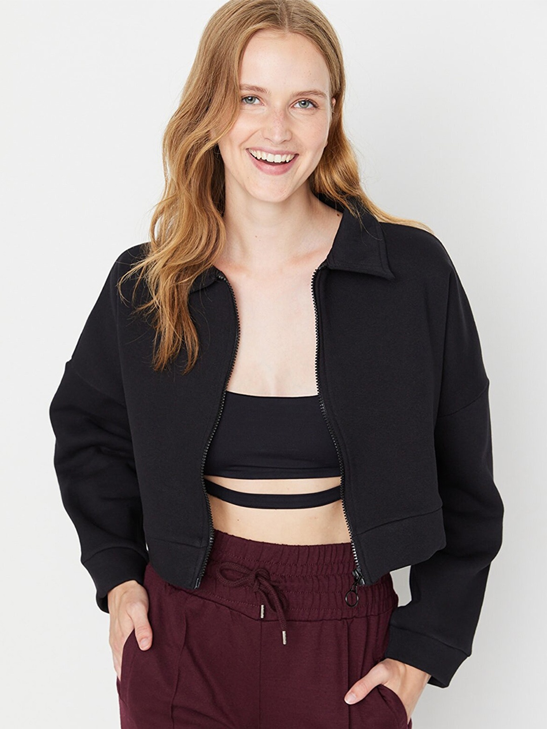 

Trendyol Cotton Shirt Collar Shirt Style Crop Top, Black