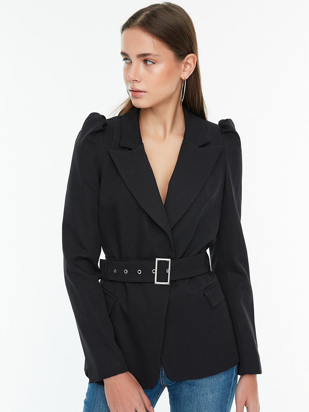 

Trendyol Women Double-Breasted Casual Blazer With Belt, Black