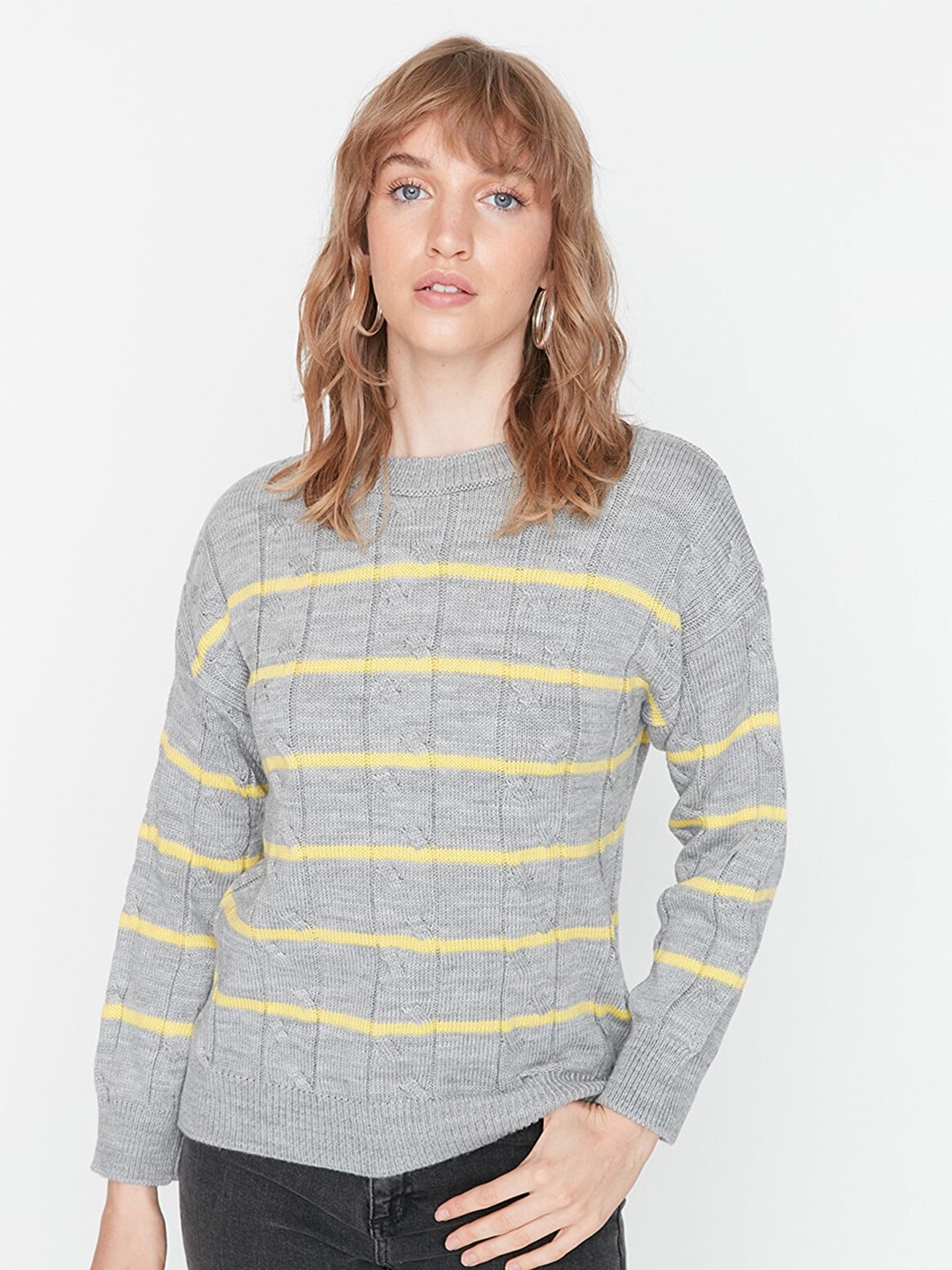 

Trendyol Striped Round Neck Long Sleeves Top, Grey