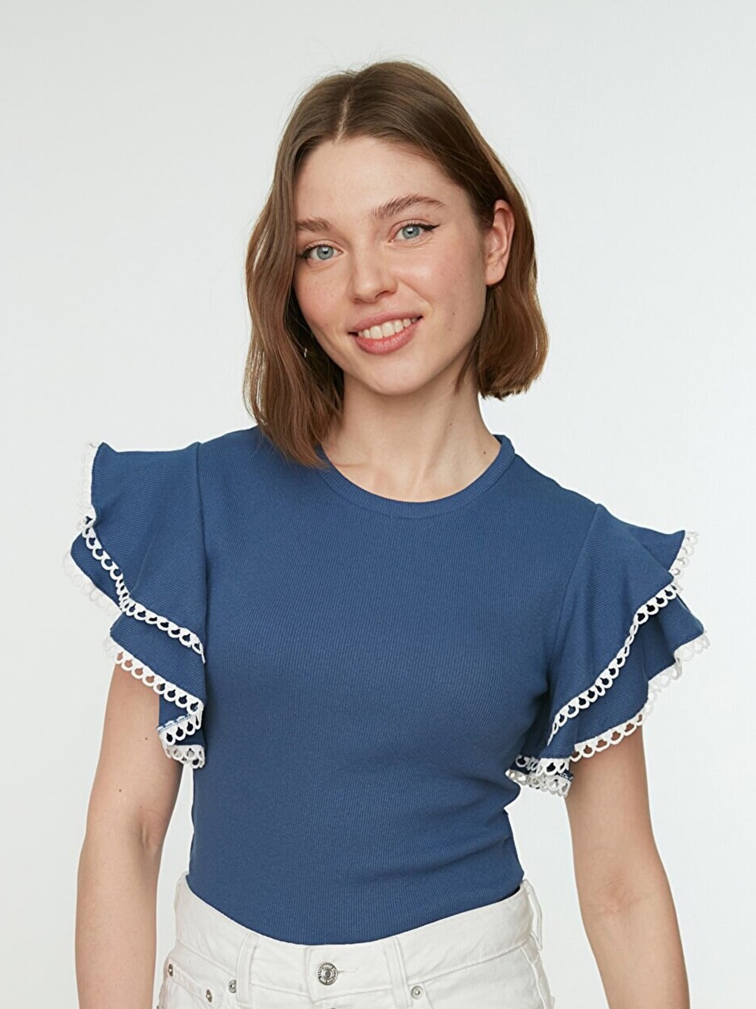 

Trendyol Round Neck Flutter Sleeves Cotton Top, Blue