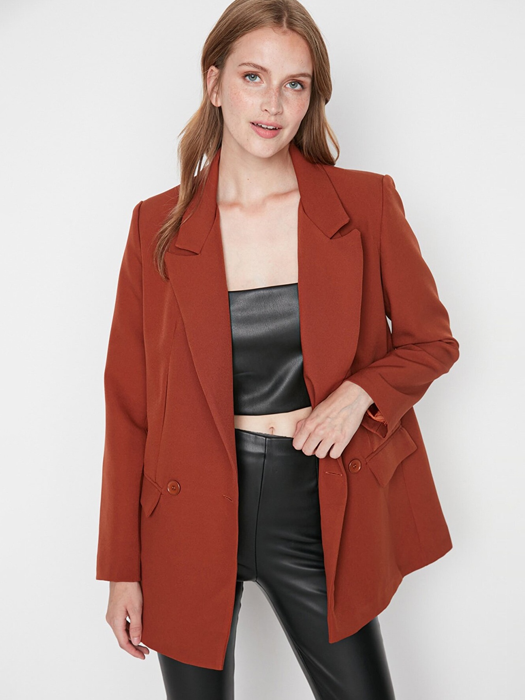 

Trendyol Notched Lapel Longline Blazer, Brown