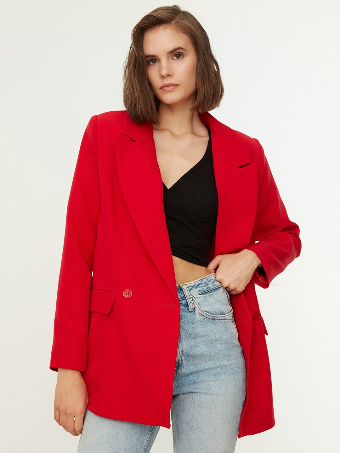 

Trendyol Notched Lapel Collar Long Sleeves Double Breasted Cheery Red Blazer