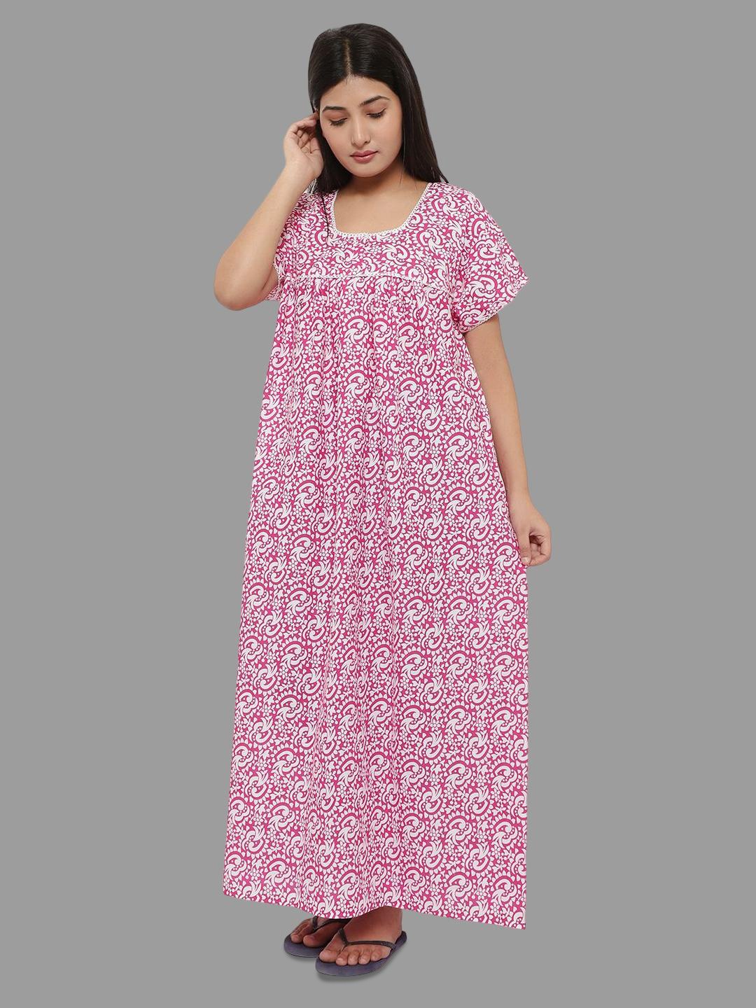 

PALIVAL Ethnic Motifs Printed Pure Cotton Maxi Nightdress, Pink