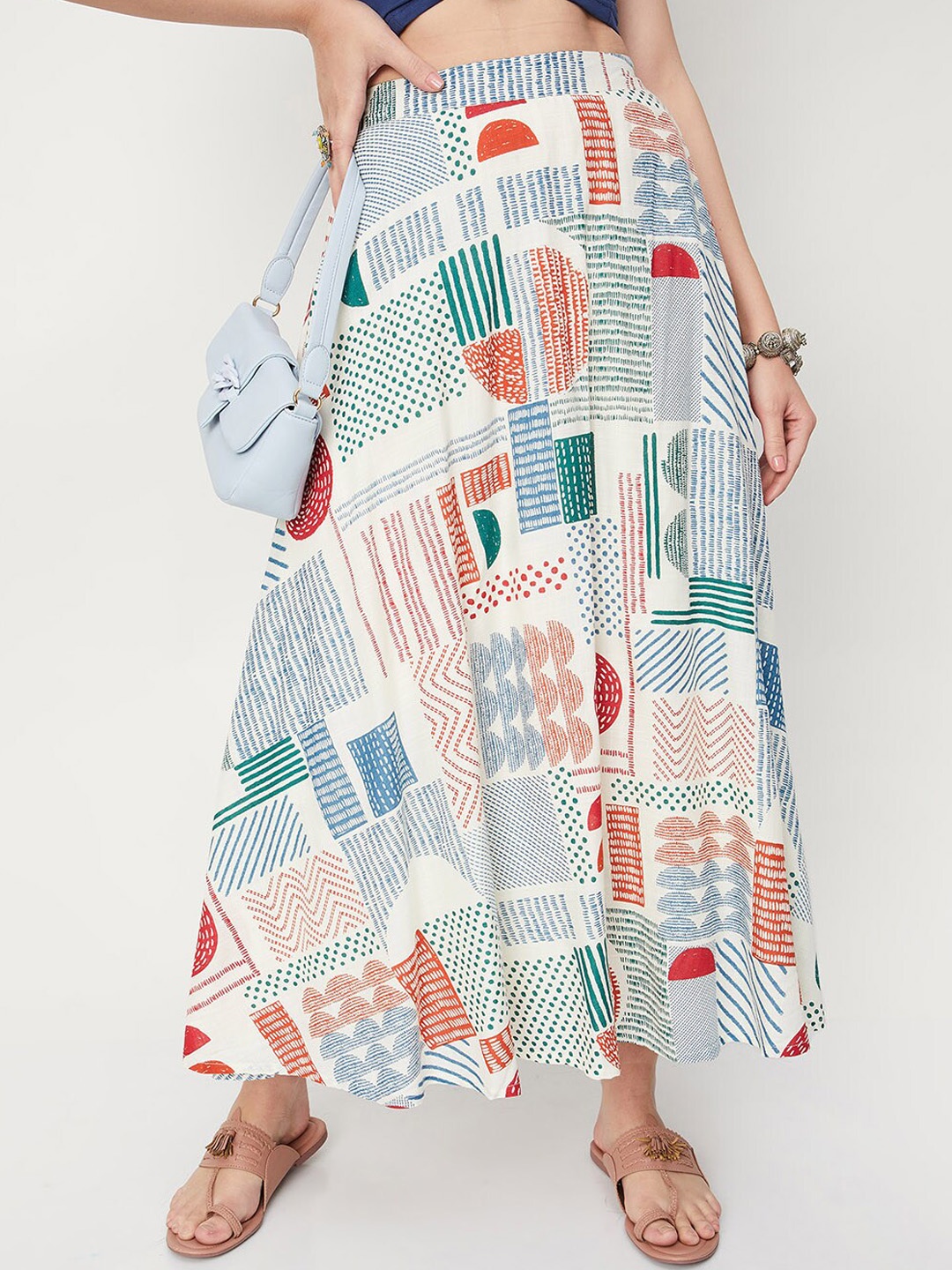 

max Printed Flared Maxi Skirt, White