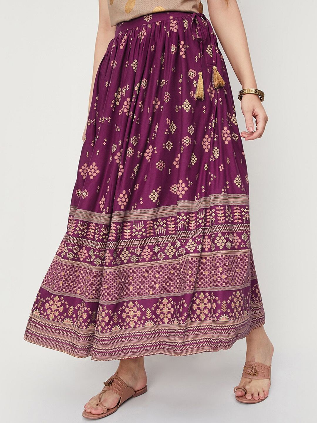 

max Ethnic Print Printed Maxi Flared Skirt, Magenta