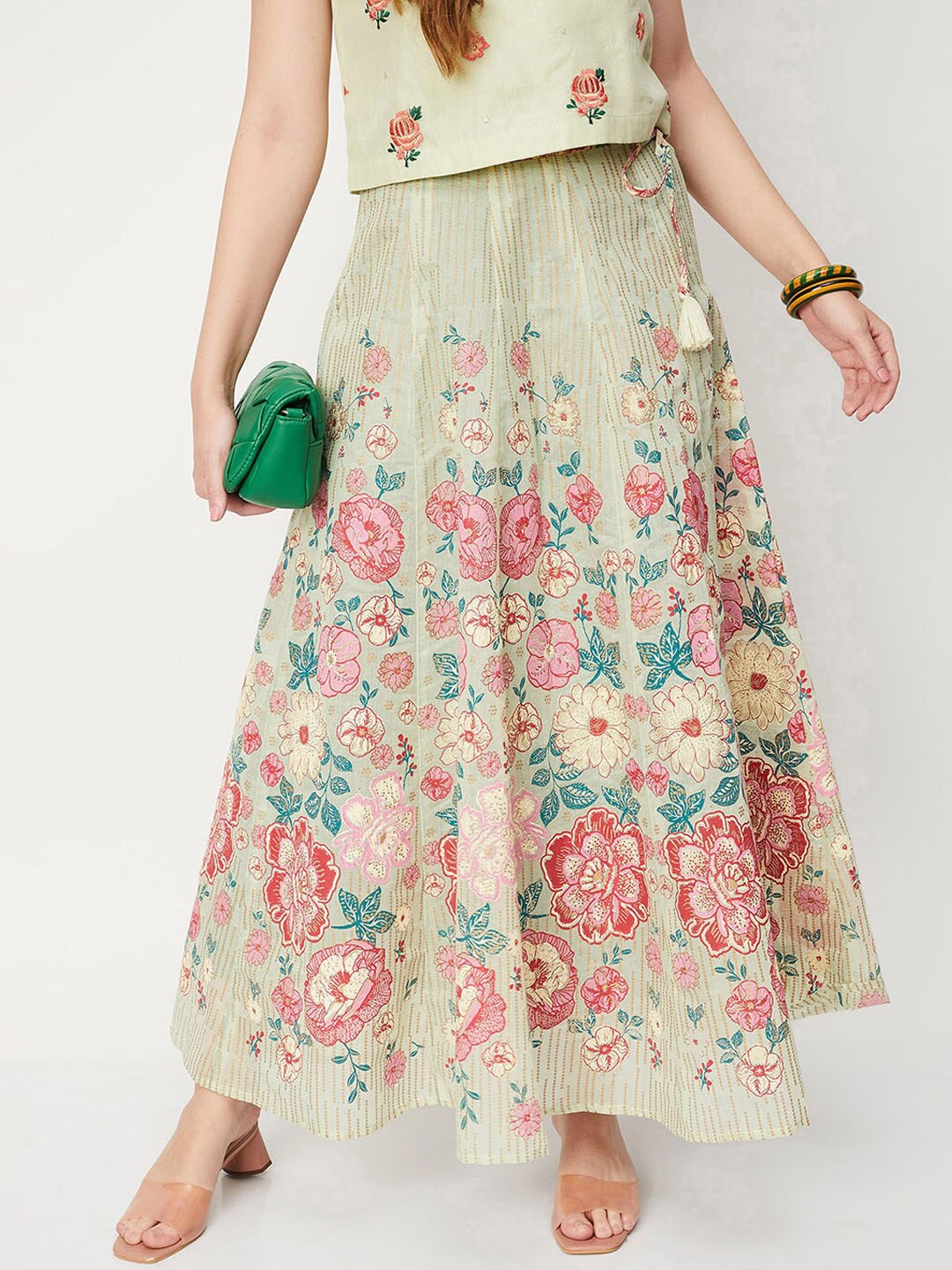 

max Printed Flared Maxi Skirt, Green