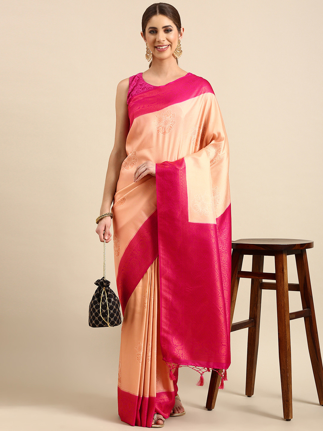 

Pothys Woven Design Floral Art Silk Banarasi Saree, Cream
