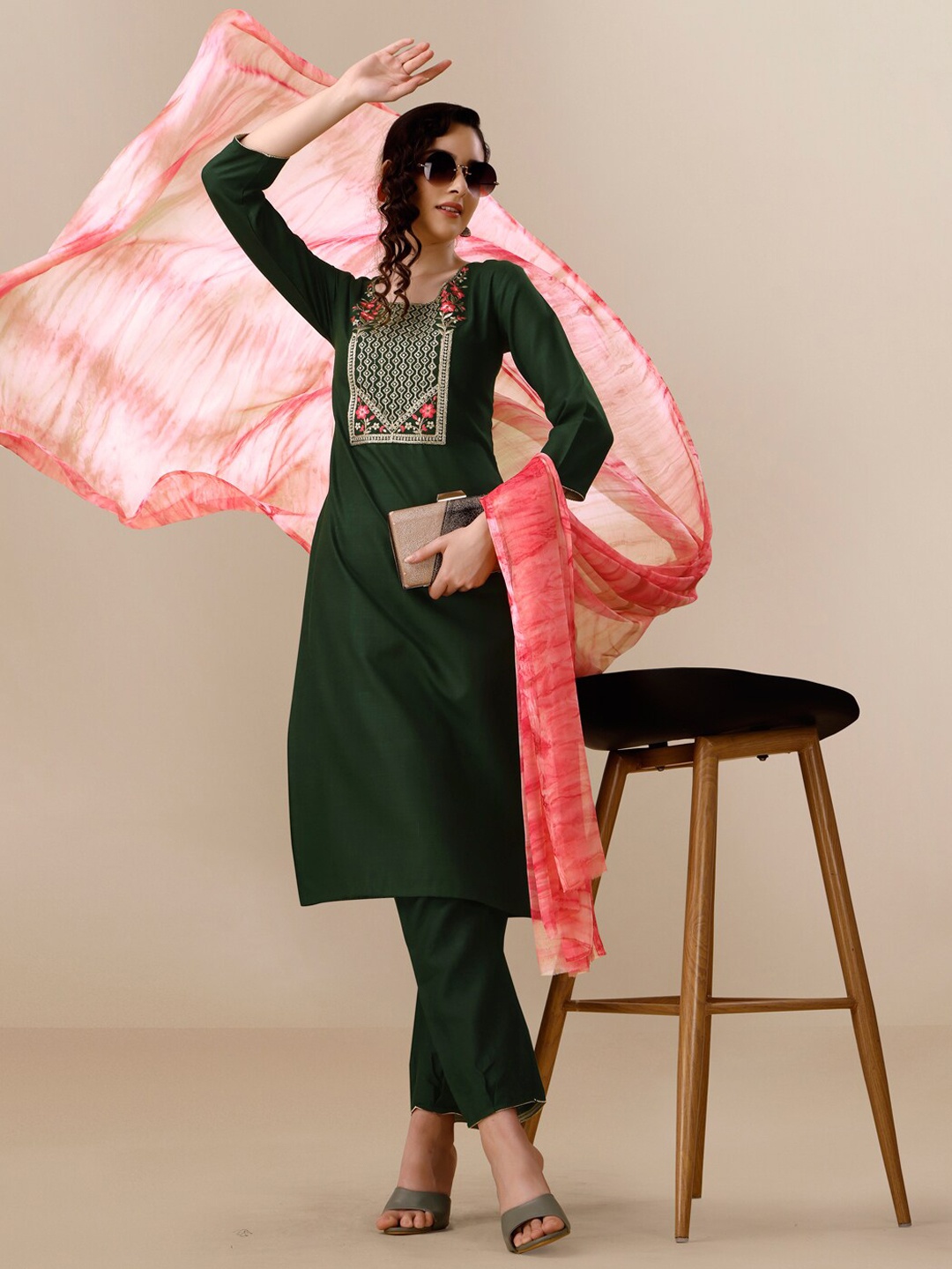 

KALINI Floral Embroidered Sequinned Kurta With Trousers & Dupatta, Green