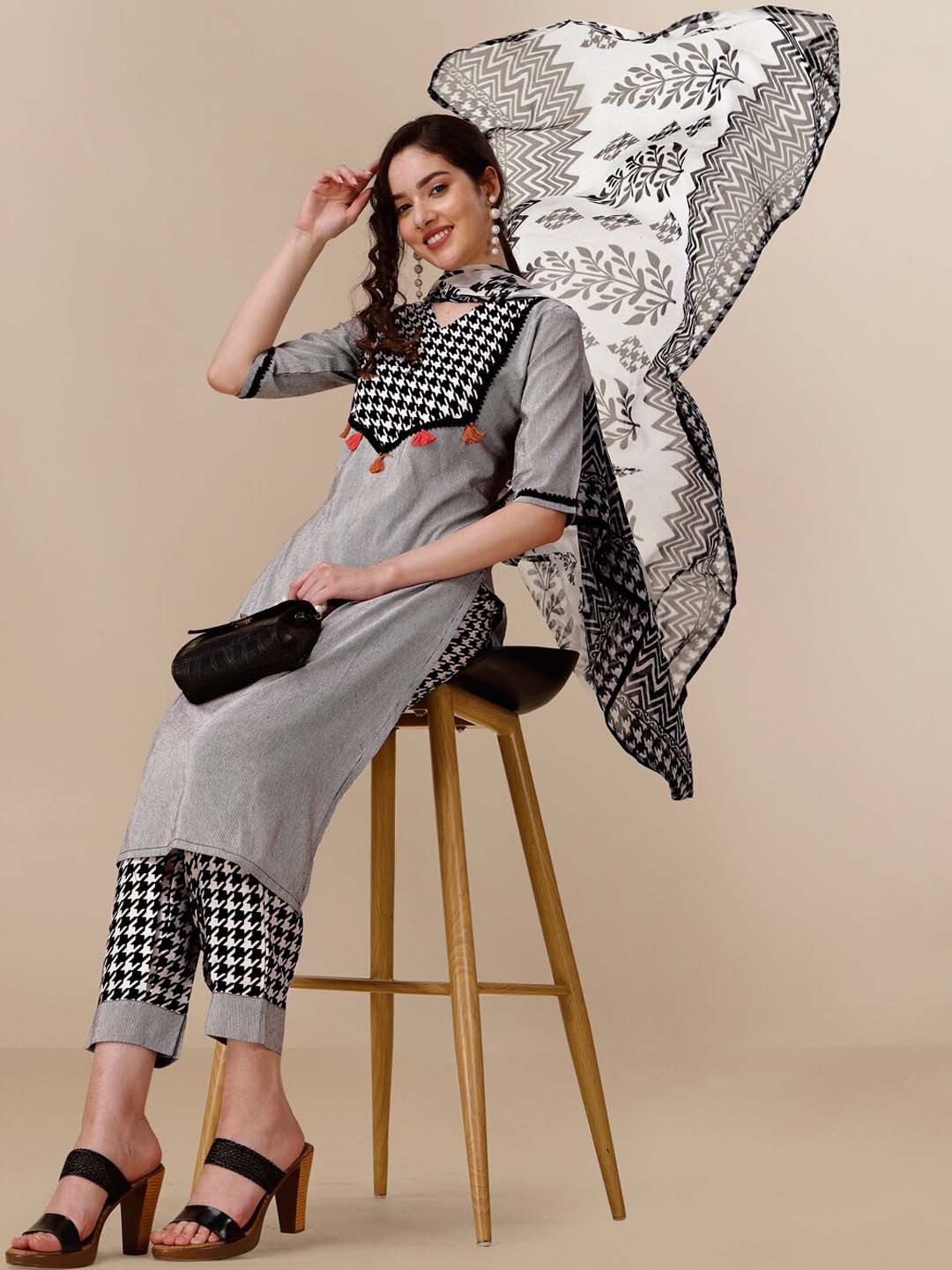 

KALINI Geometric Printed V-Neck Regular Kurta With Trousers & Dupatta, Grey