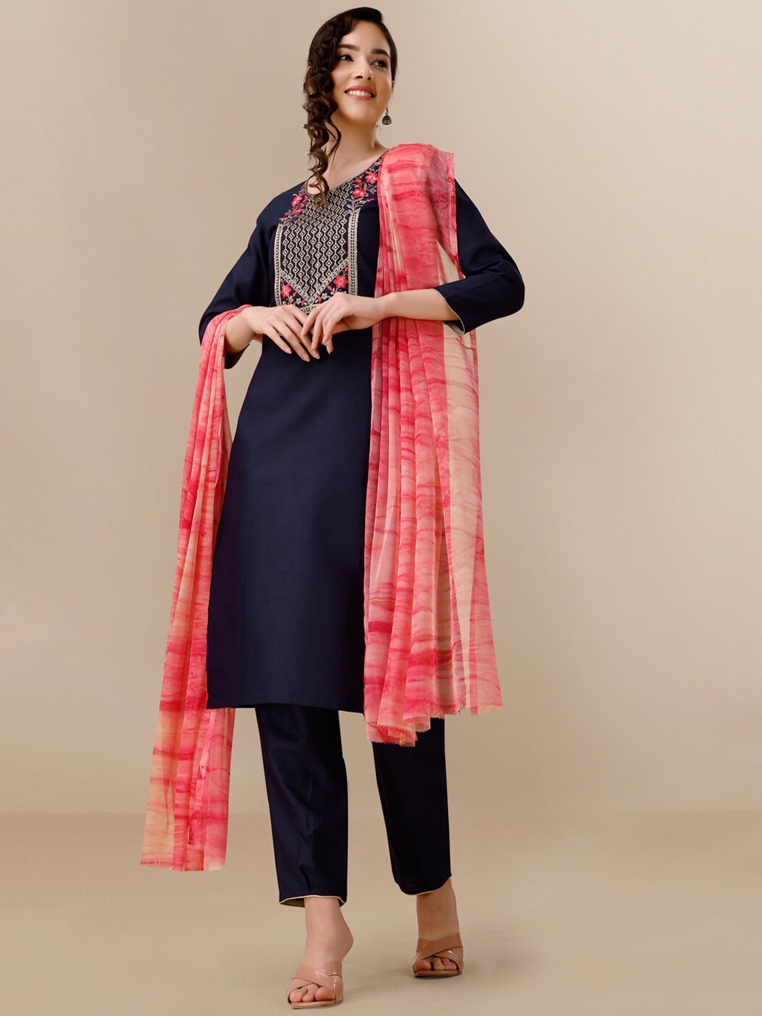 

KALINI Floral Embroidered Sequined Kurta with Trousers & Dupatta, Navy blue