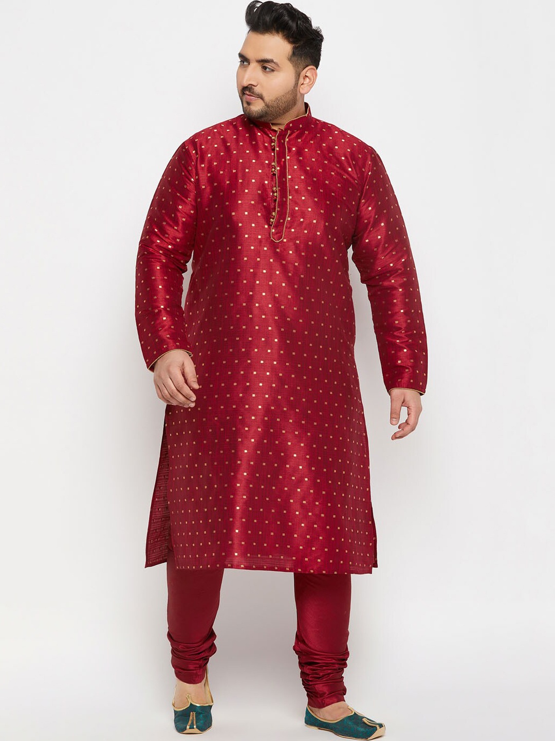 

VASTRAMAY Men Plus Size Geometric Woven Design Mandarin Collar Kurta With Dhoti Pants, Maroon