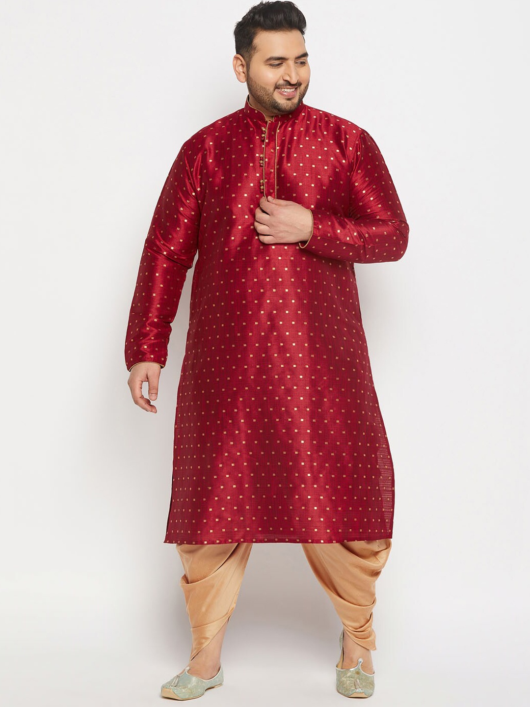 

VASTRAMAY Men Plus Size Woven Design Jacquard Kurta with Dhoti Pants, Maroon