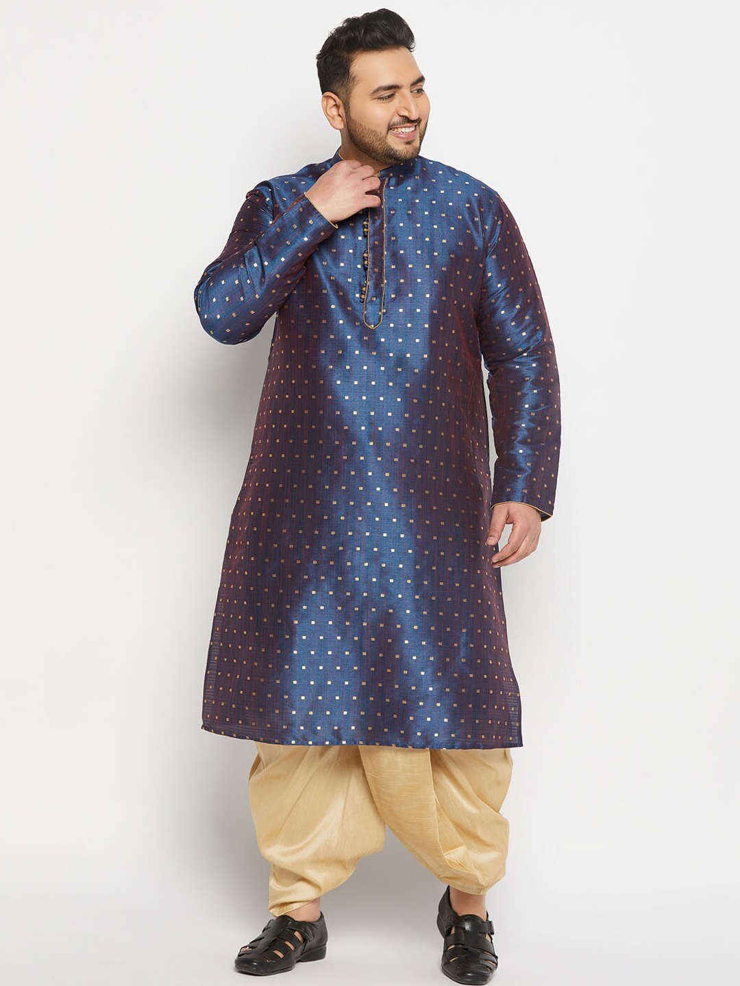 

VASTRAMAY Men Plus Size Geometric Woven Design Mandarin Collar Kurta With Dhoti Pants, Blue