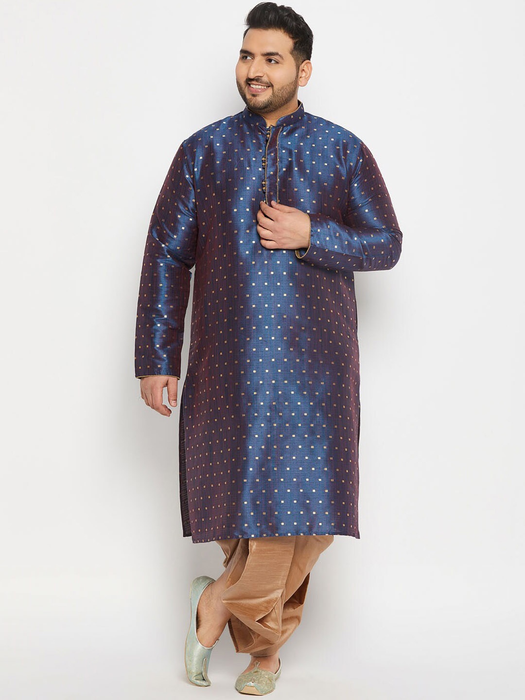 

VASTRAMAY Men Plus Size Geometric Woven Design Mandarin Collar Kurta With Dhoti Pants, Blue