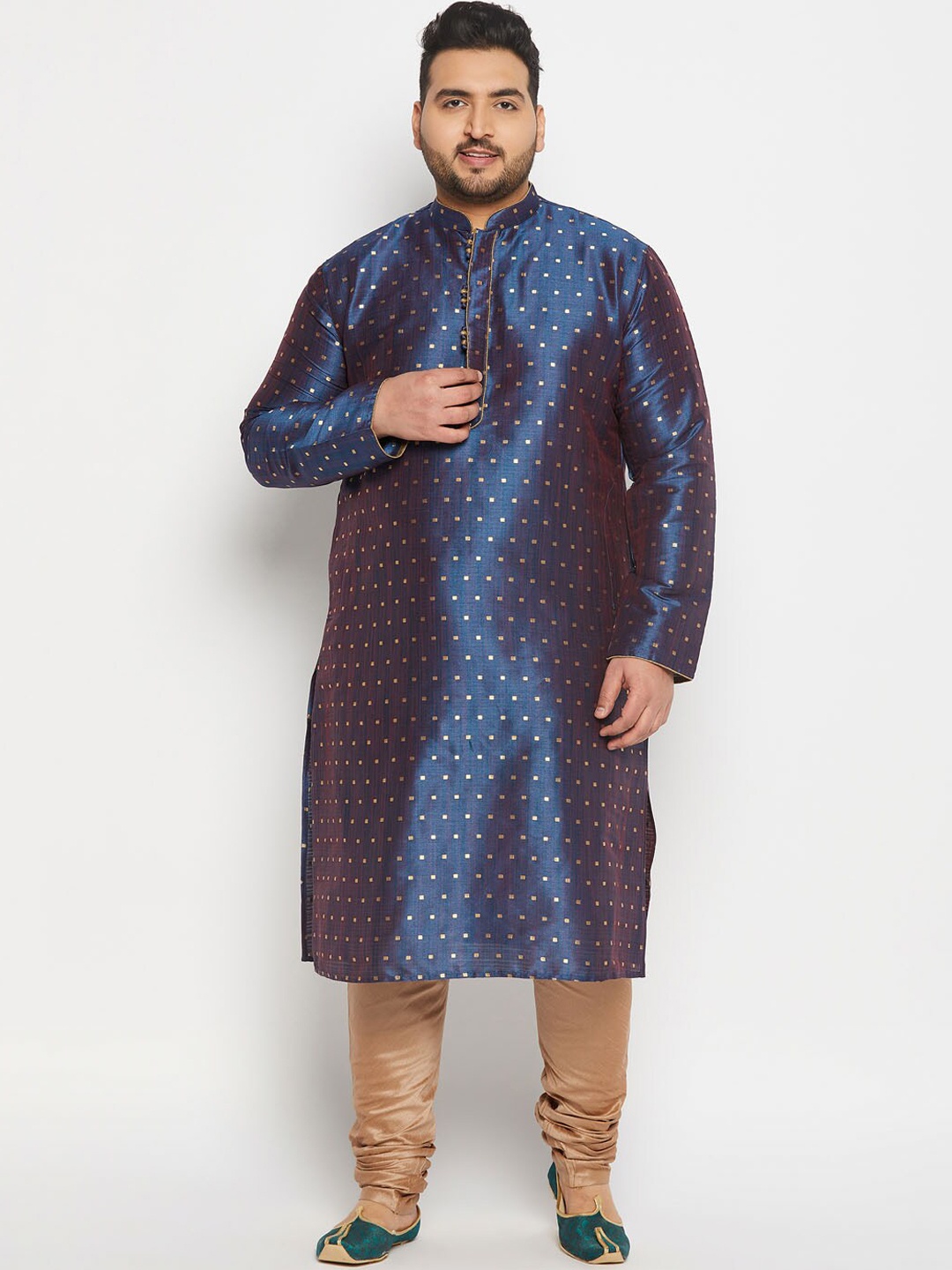 

VASTRAMAY Men Plus Size Geometric Woven Design Mandarin Collar Kurta With Churidar, Blue
