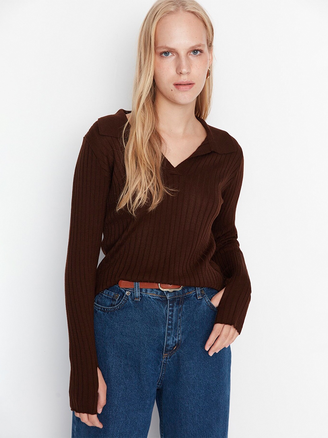 

Trendyol Shirt Collar Long Sleeves Striped Top, Brown