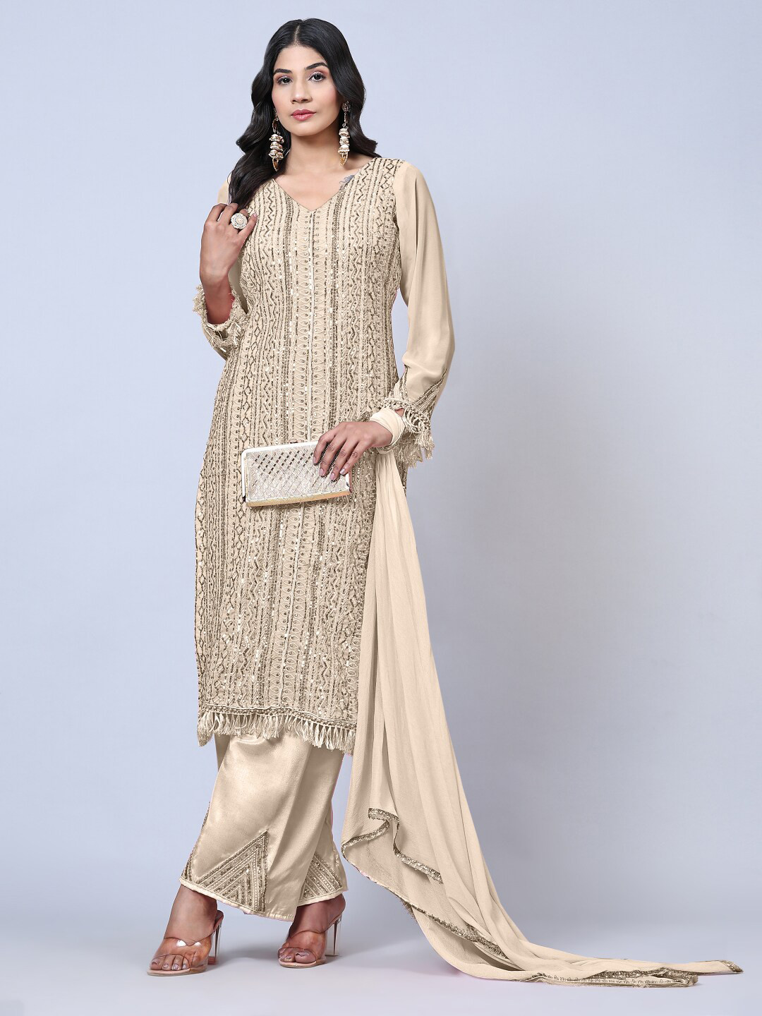 

Angroop Embellished Sequinned Semi-Stitched Dress Material, Cream