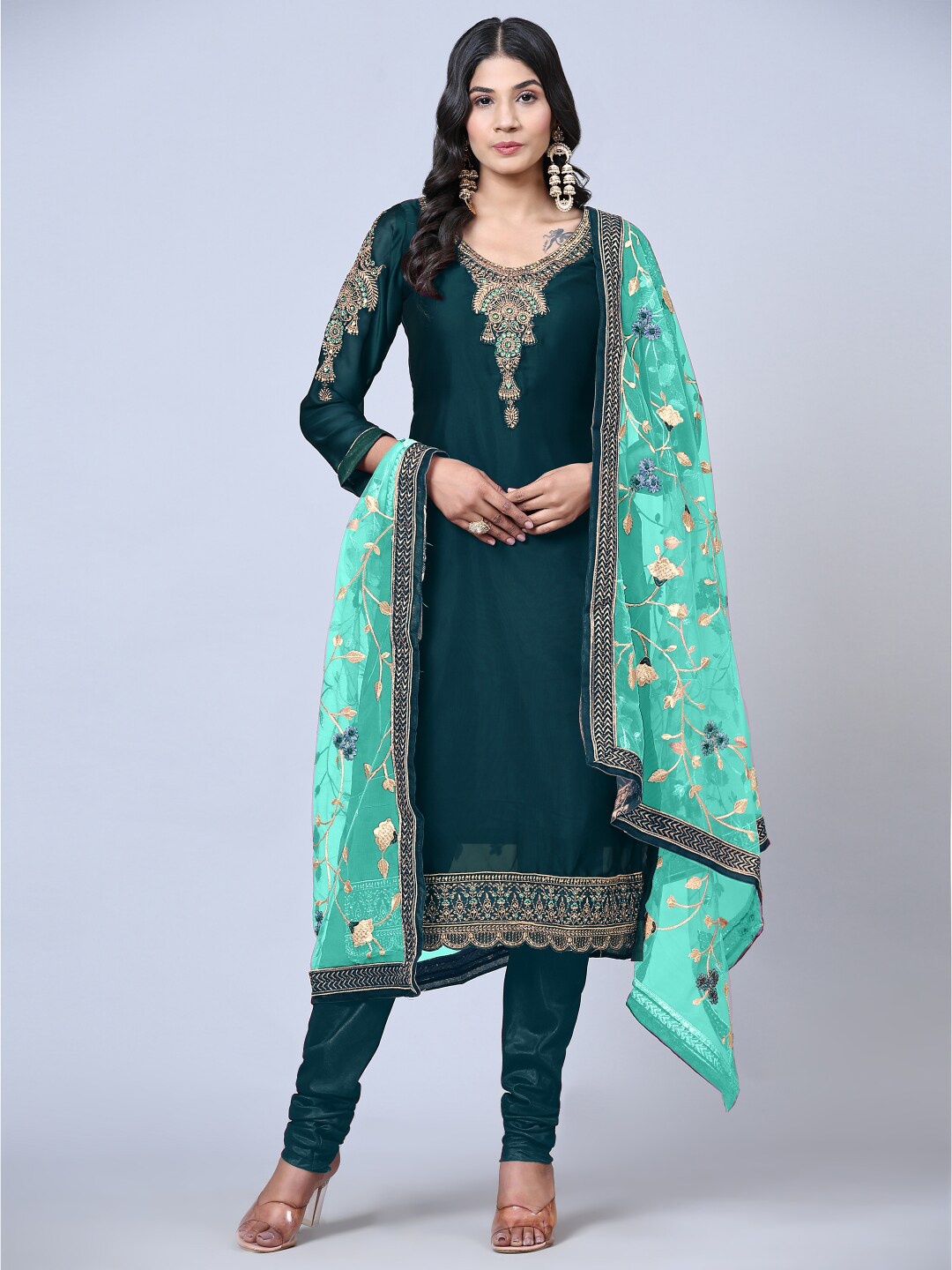 

Angroop Floral Embroidered Satin Semi-Stitched Dress Material, Teal
