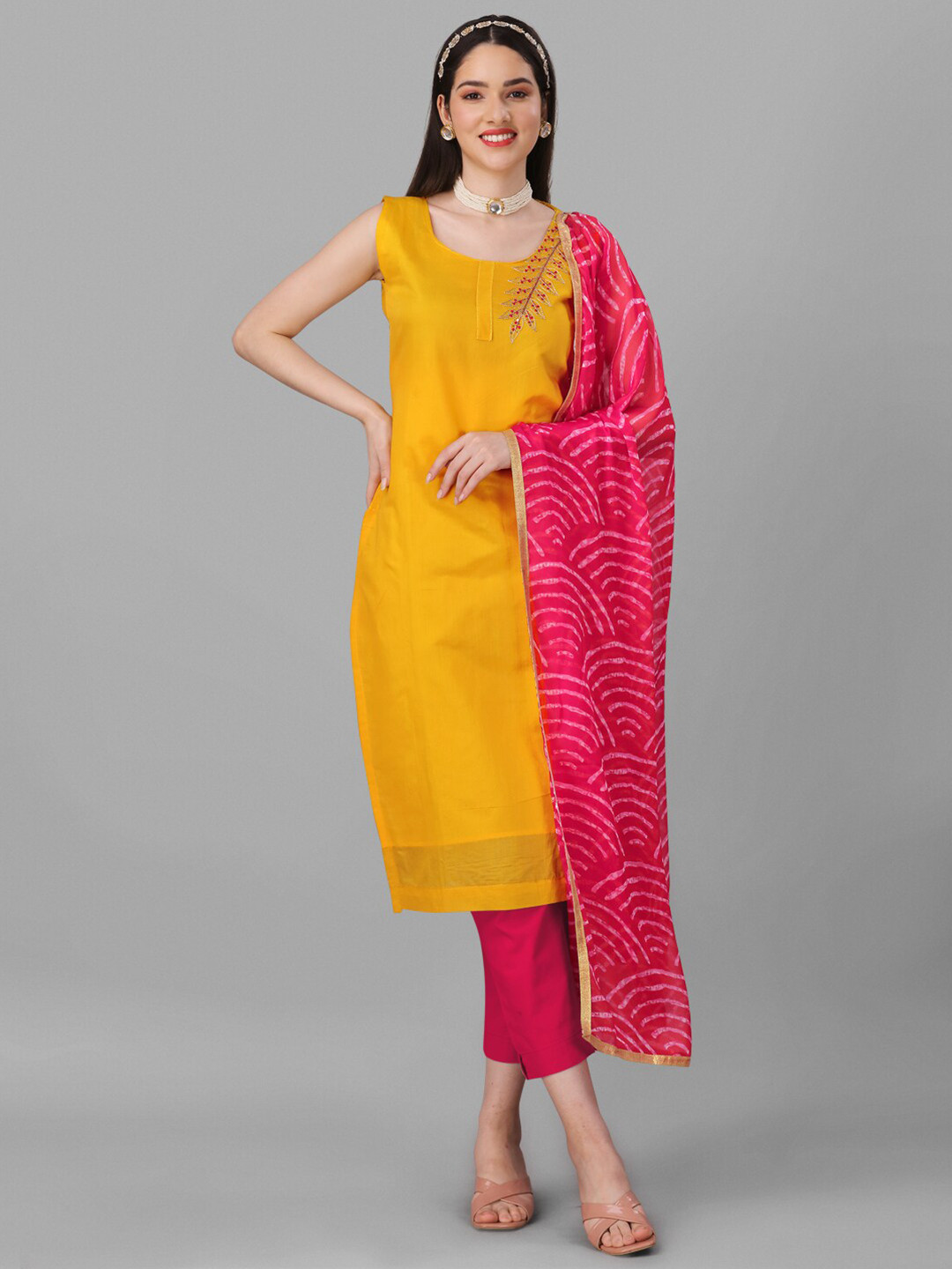 

Angroop Chanderi Cotton Semi-Stitched Dress Material, Yellow