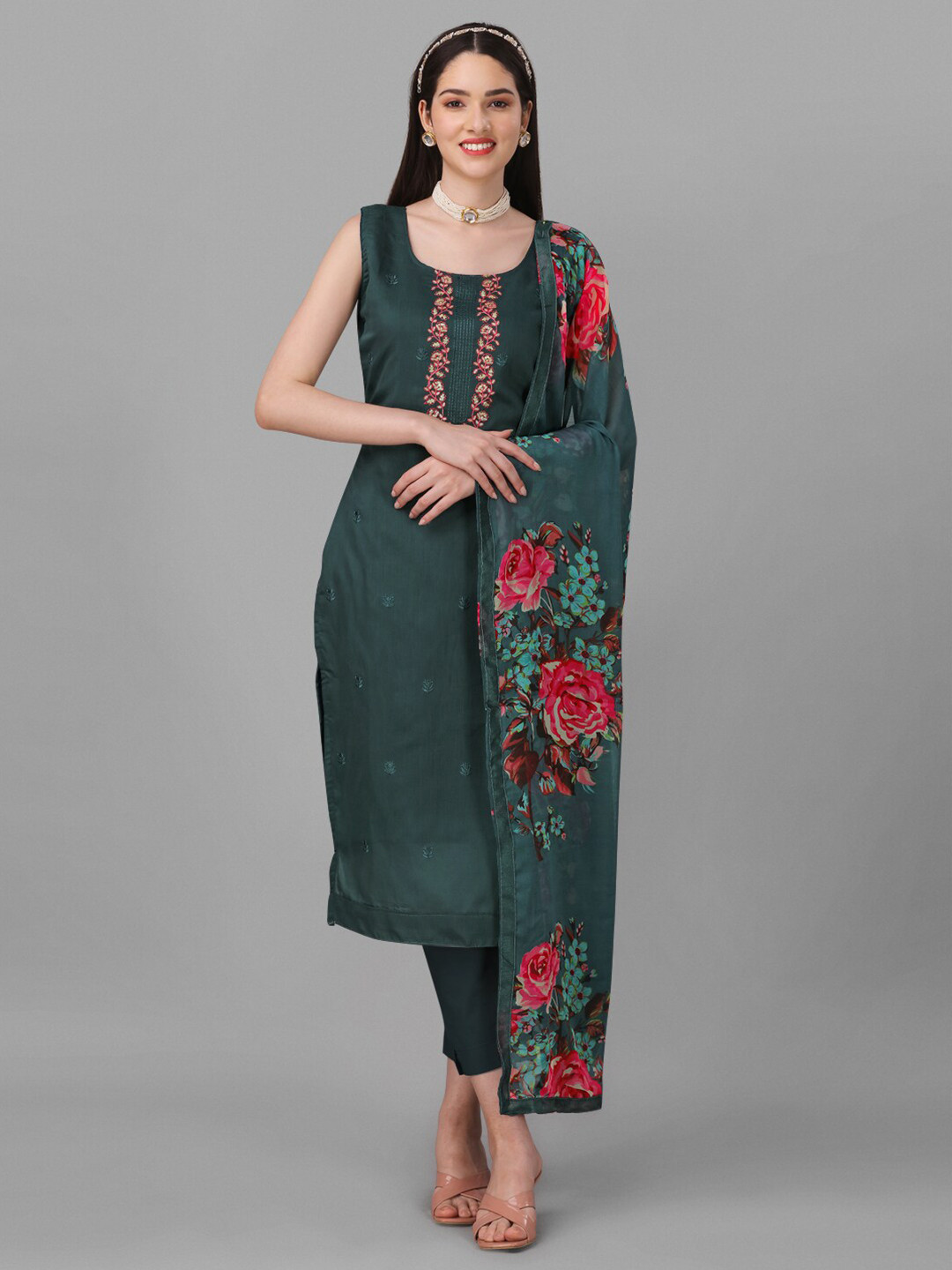 

Angroop Chanderi Cotton Semi-Stitched Dress Material, Green