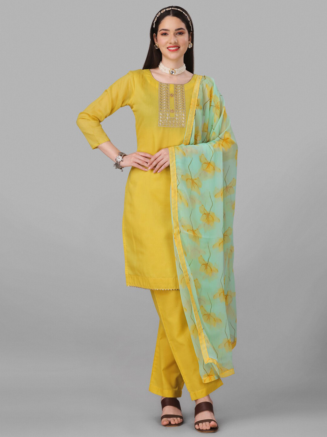 

Angroop Yellow & Green Semi-Stitched Dress Material