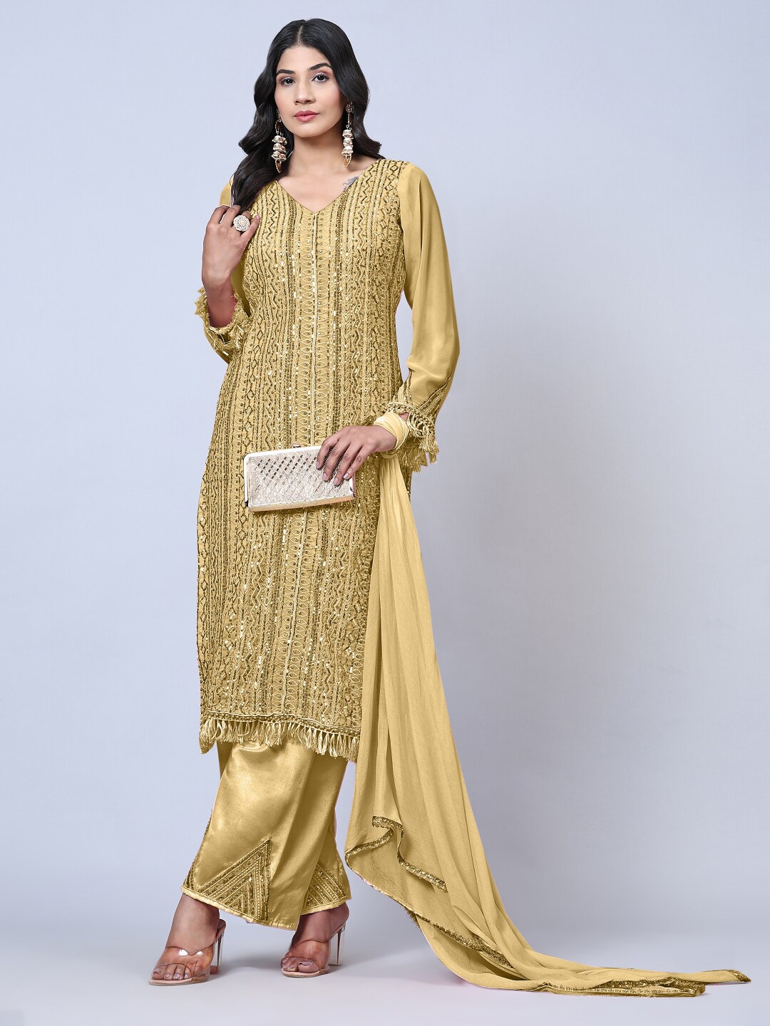 

Angroop Embellished Semi-Stitched Dress Material, Gold