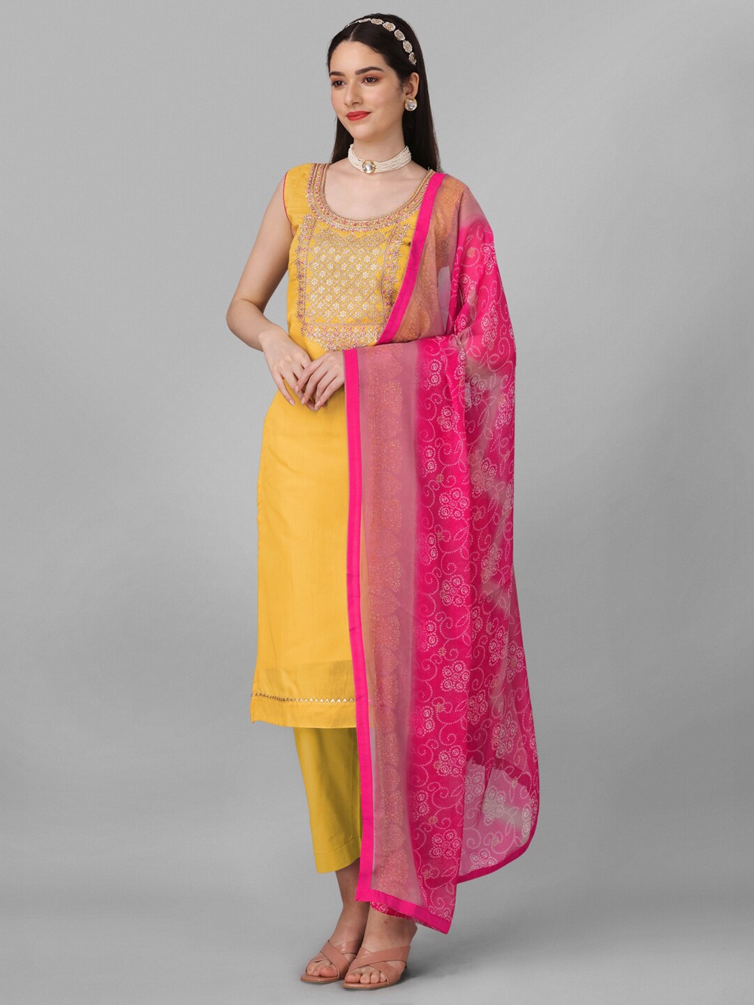 

Angroop Ethnic Motifs Embroidered Semi-Stitched Dress Material, Yellow