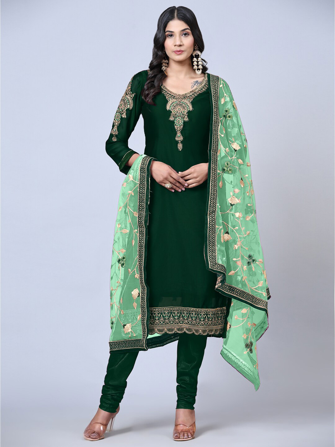 

Angroop Embroidered Satin Semi-Stitched Dress Material, Green