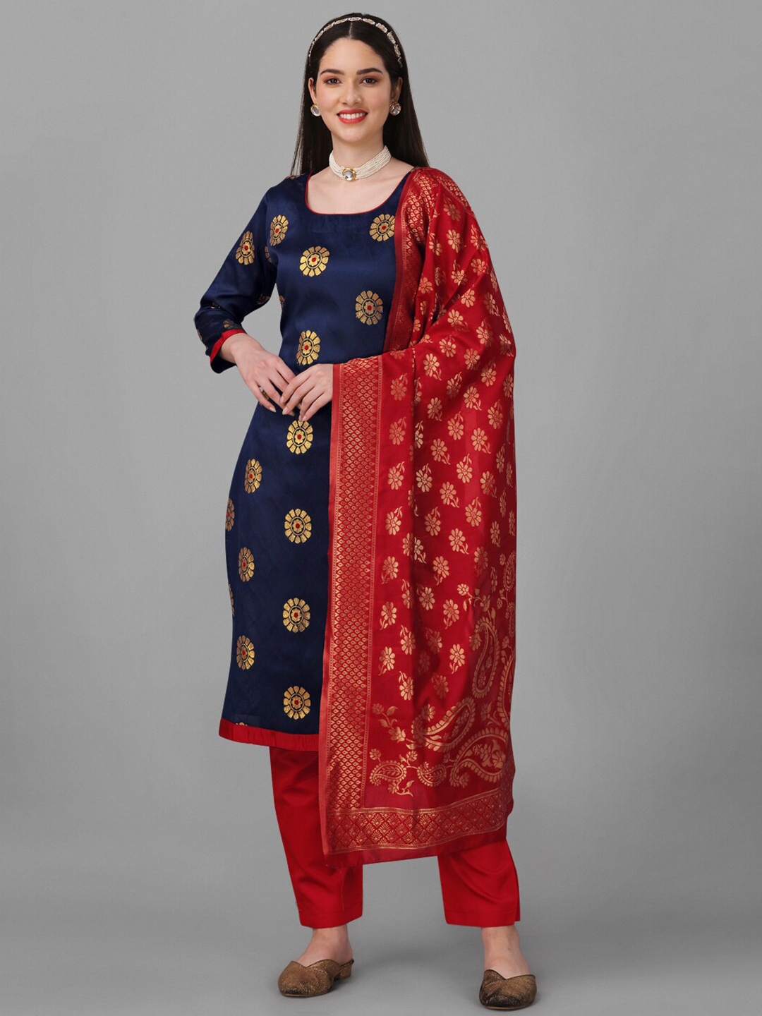 

Angroop Jacquard Silk Semi-Stitched Dress Material, Navy blue