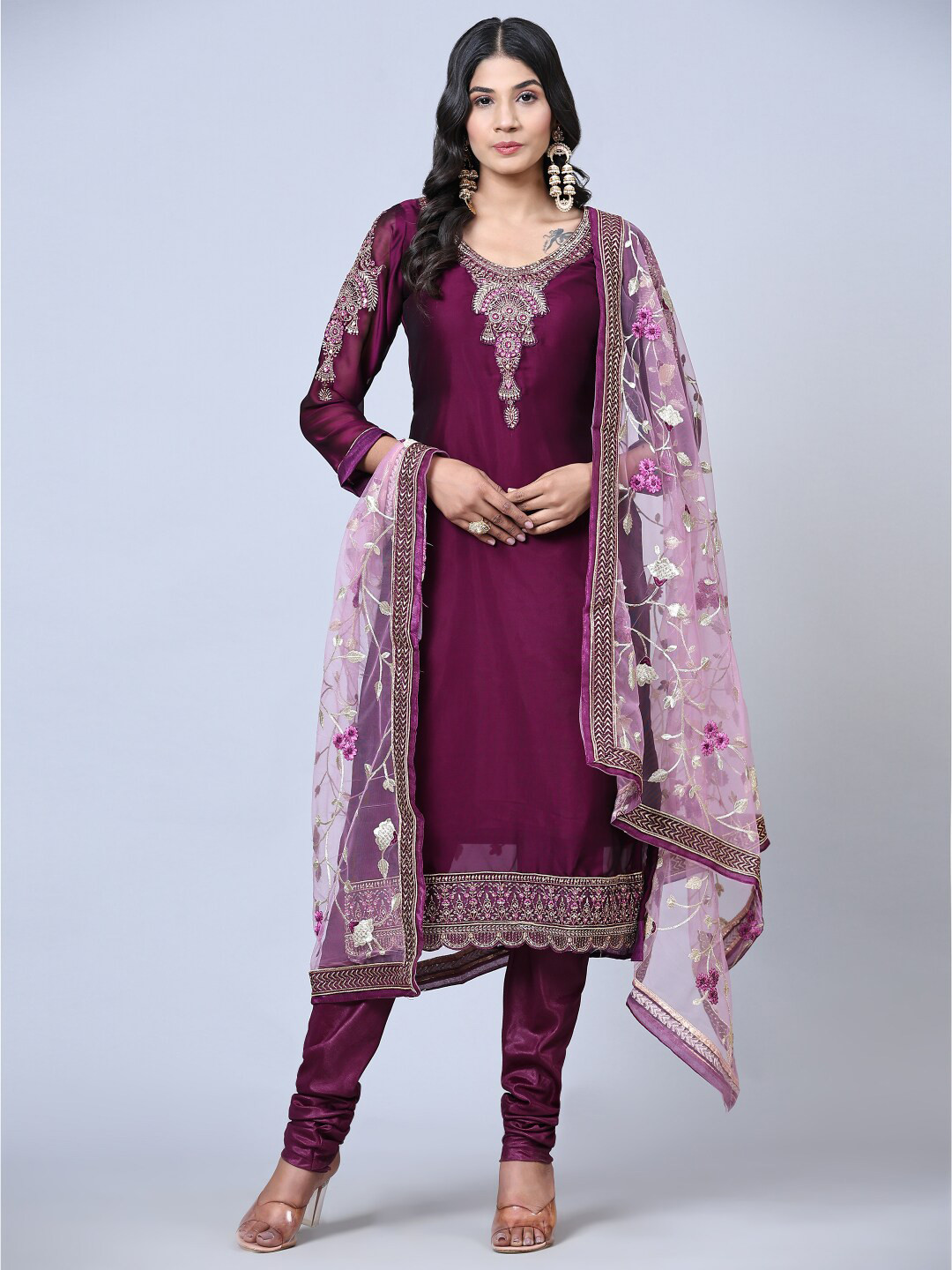 

Angroop Embroidered Satin Semi-Stitched Dress Material, Purple