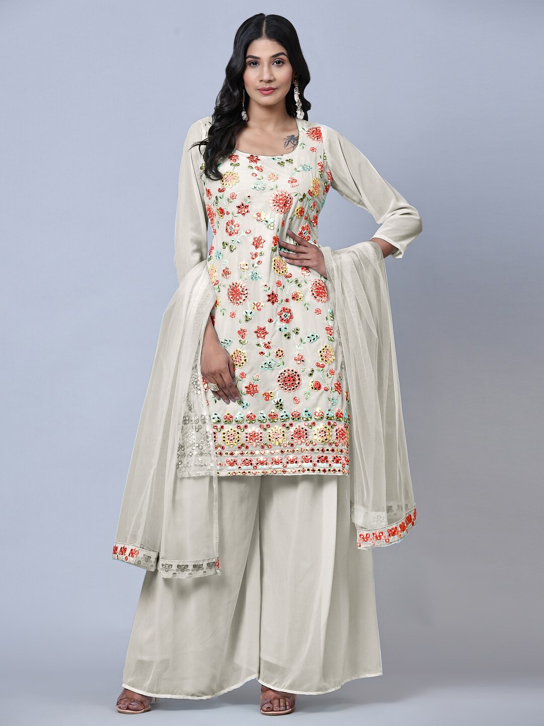 

Angroop Floral Embroidered Mirror Work Semi-Stitched Dress Material, Cream