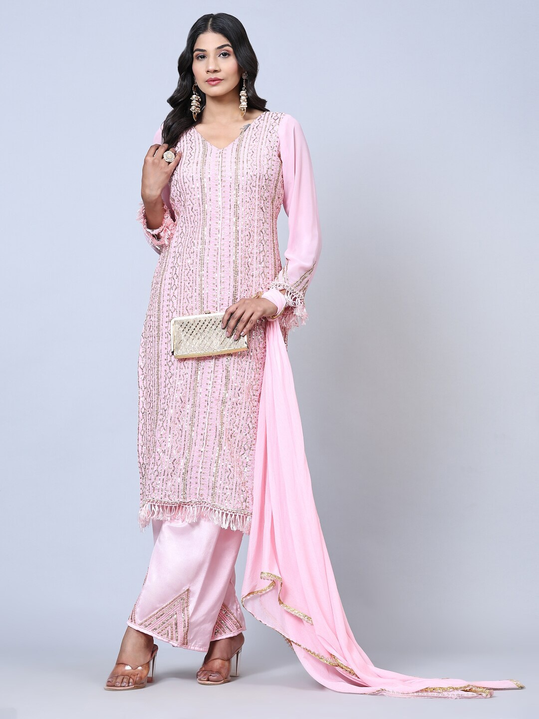 

Angroop Embellished Semi-Stitched Dress Material, Pink