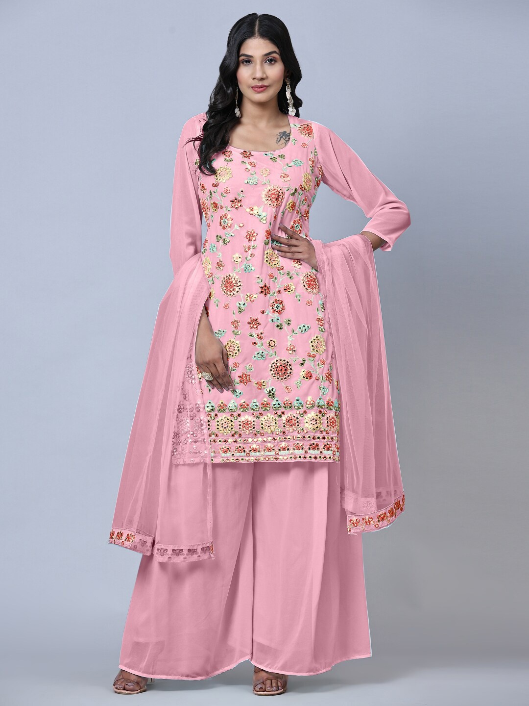 

Angroop Floral Embroidered Mirror Work Semi-Stitched Dress Material, Pink