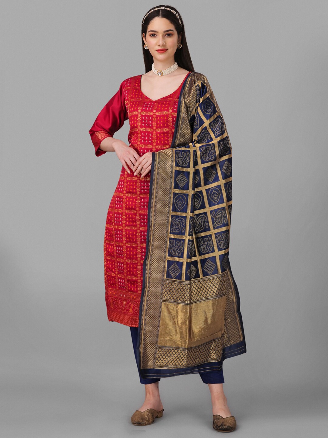 

Angroop Bandhani Woven Design Zari Semi-Stitched Dress Material, Red