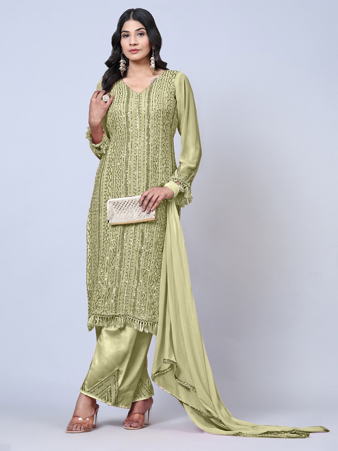 

Angroop Embellished Semi-Stitched Dress Material, Olive