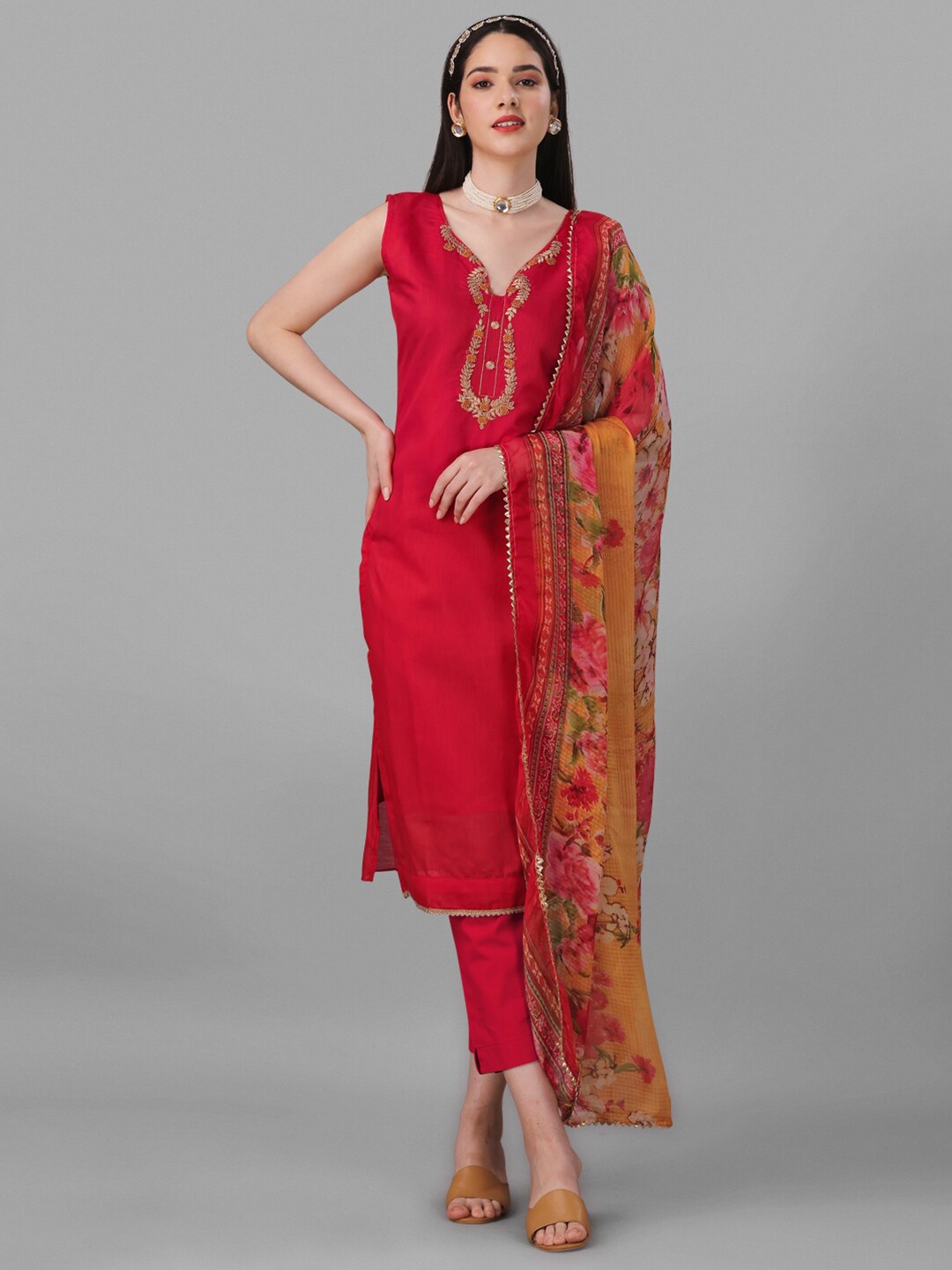 

Angroop Floral Embroidered Semi-Stitched Dress Material, Red