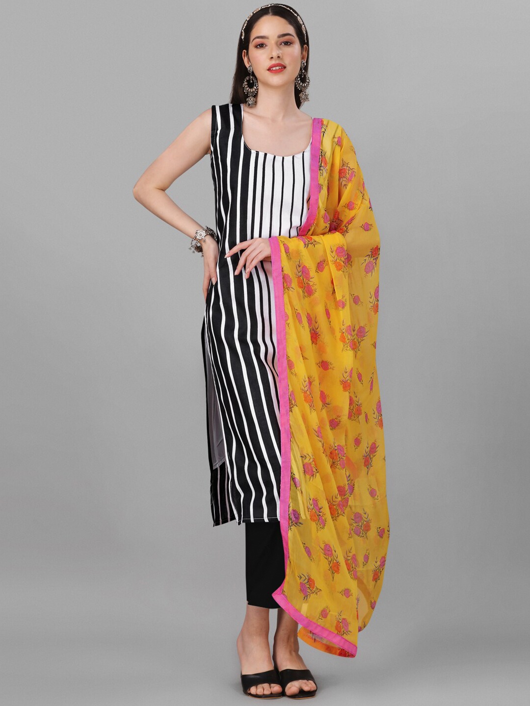 

Angroop Striped Chanderi Cotton Semi-Stitched Dress Material, Black