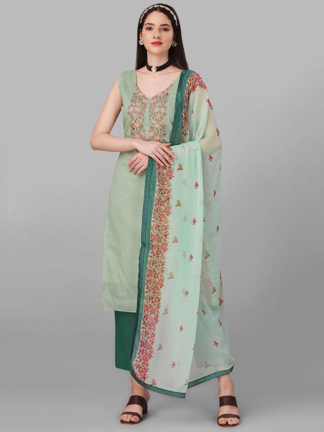 

Angroop Floral Embroidered Semi-Stitched Dress Material, Olive