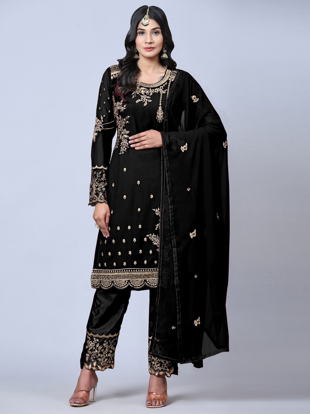 

Angroop Floral Embroidered Beads & Stones Semi-Stitched Dress Material, Black