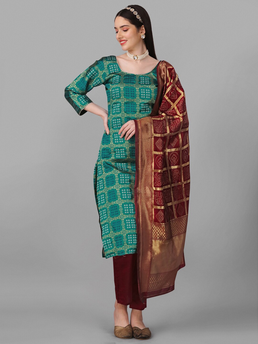 

Angroop Bandhani Printed Semi-Stitched Dress Material, Green