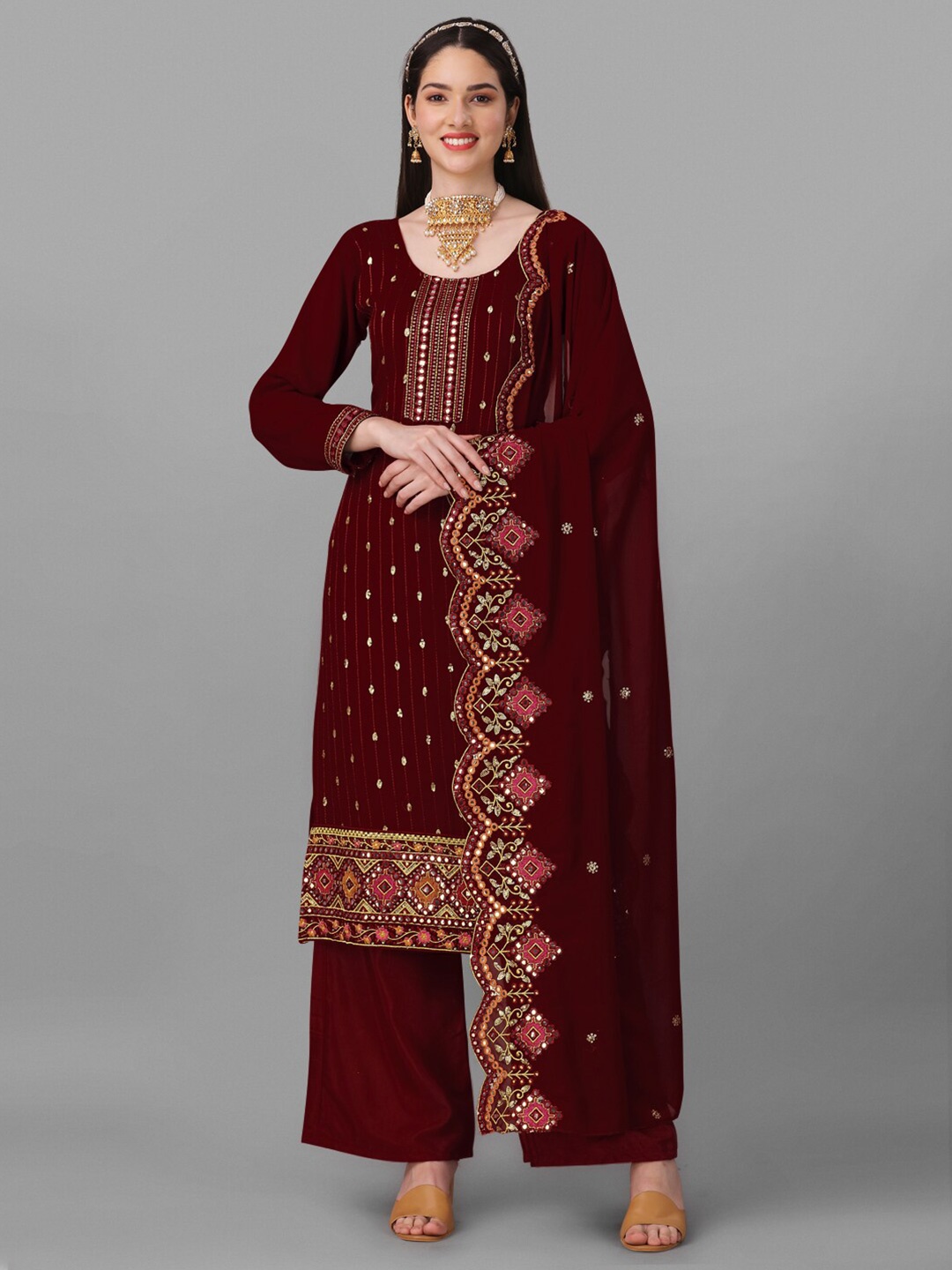 

Angroop Embroidered Mirror Work Semi-Stitched Dress Material, Maroon